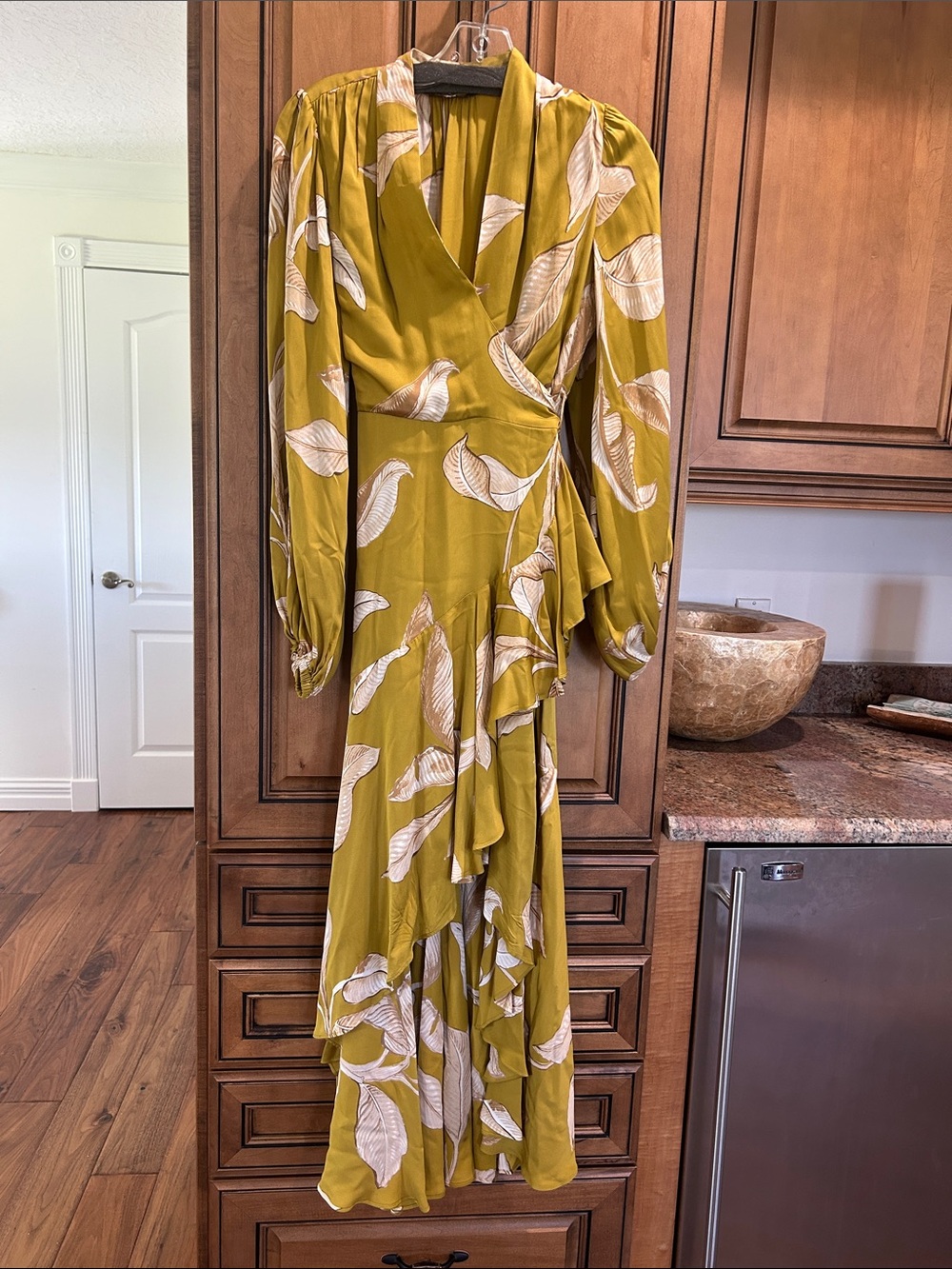 Banana Republic Olive - gold Green Leaf-Print Maxi Wrap Dress